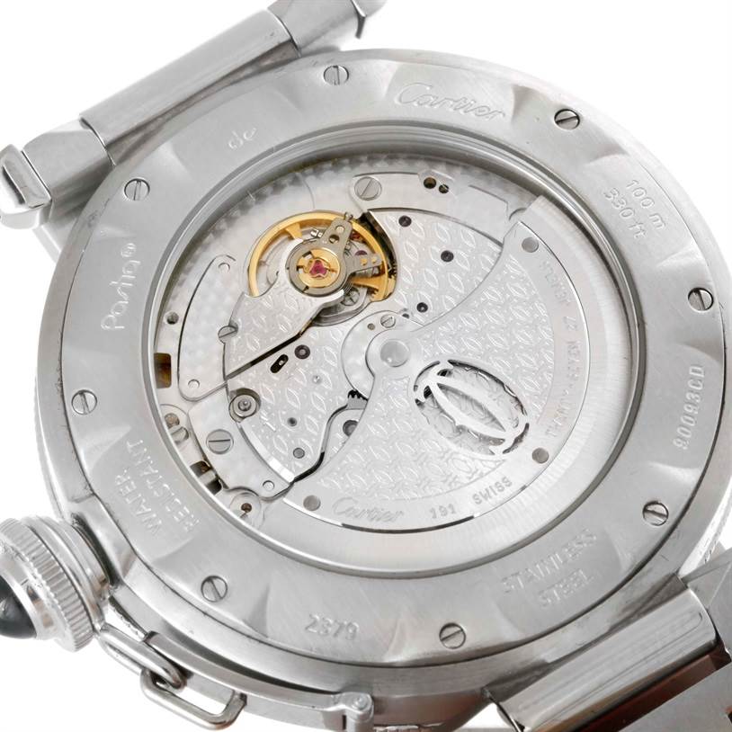 This image shows the back view of a Cartier Pasha W31059H3 Men
s Stainless Steel Silver Dial W31059H3 Men
s Stainless Steel Silver Dial watch, displaying its movement and inner mechanical parts.