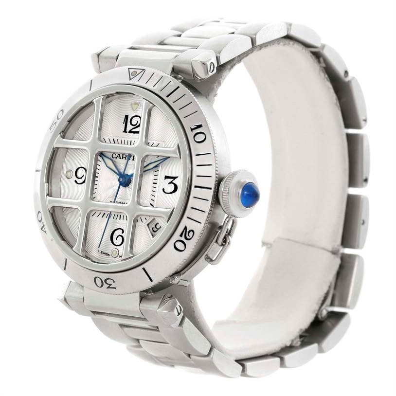 The image shows a Cartier Pasha W31059H3 Men
s Stainless Steel Silver Dial W31059H3 Men
s Stainless Steel Silver Dial watch at a three-quarter angle, highlighting its face, bezel, crown, and part of the bracelet.