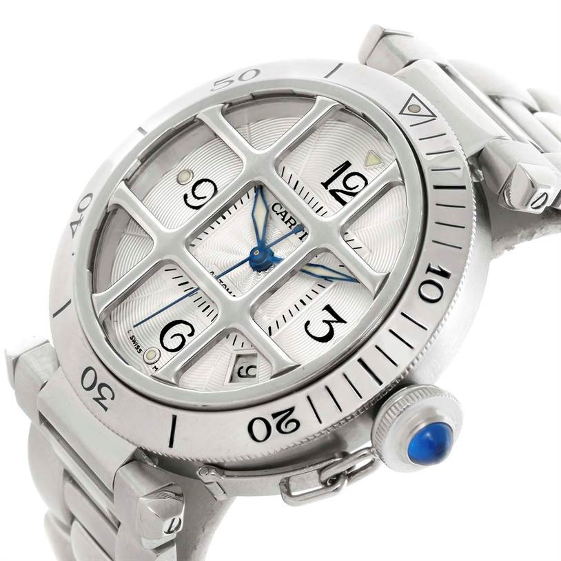 The Cartier Pasha W31059H3 Men
s Stainless Steel Silver Dial W31059H3 Men
s Stainless Steel Silver Dial watch is shown from a side angle, highlighting its silver grid face, rotating bezel, and blue cabochon crown.