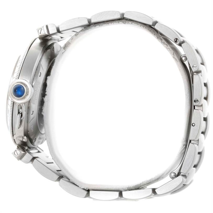 The image shows a side view of the Cartier Pasha W31059H3 Men
s Stainless Steel Silver Dial W31059H3 Men
s Stainless Steel Silver Dial watch focusing on the bracelet, crown, and profile of the case.