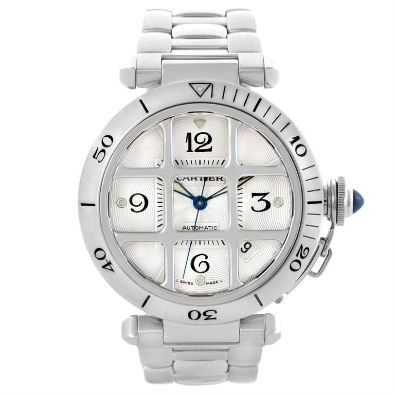 The image shows a front view of a Cartier Pasha W31059H3 Men
s Stainless Steel Silver Dial W31059H3 Men
s Stainless Steel Silver Dial watch, displaying the dial, crown, and metal bracelet.