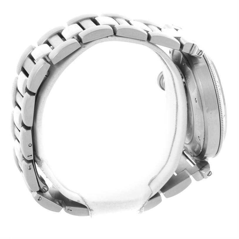 The image shows the side profile of the Cartier Pasha W31059H3 Men
s Stainless Steel Silver Dial W31059H3 Men
s Stainless Steel Silver Dial watch, focusing on the bracelet links and side of the case.