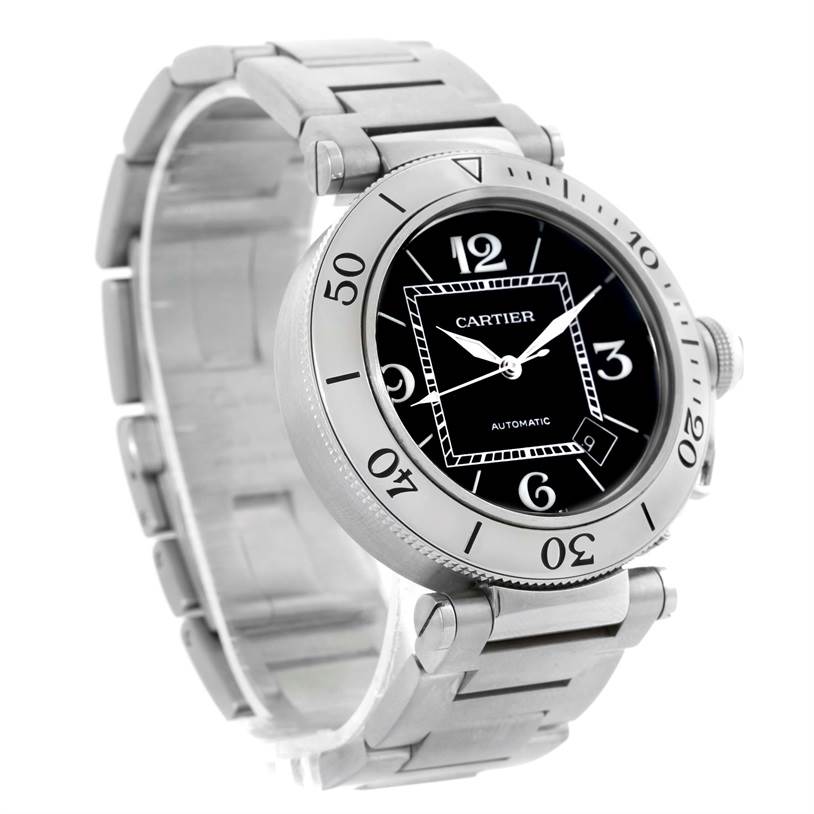 This image shows the front and left side of a Cartier Pasha W31077M7 Men's Stainless Steel Black Dial W31077M7 Men's Stainless Steel Black Dial watch, including the face, bezel, and band.