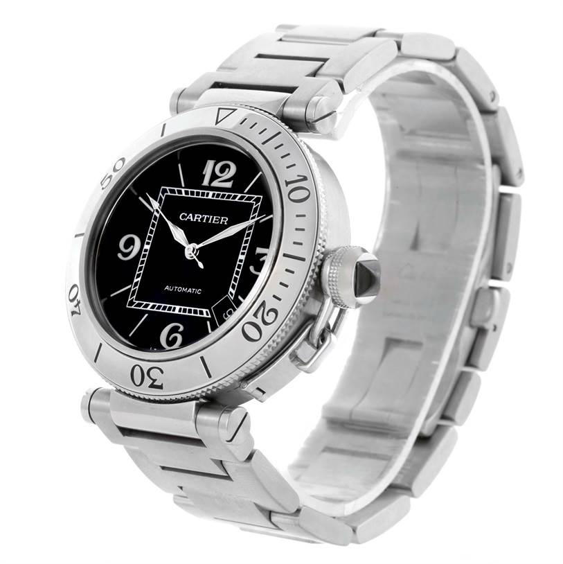 This image shows a Cartier Pasha W31077M7 Men's Stainless Steel Black Dial W31077M7 Men's Stainless Steel Black Dial watch at an angled side view, highlighting the dial, bezel, bracelet, and crown.