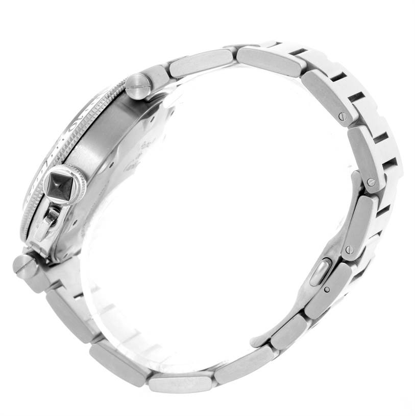 This image shows a Cartier Pasha W31077M7 Men's Stainless Steel Black Dial W31077M7 Men's Stainless Steel Black Dial model watch from a side angle, highlighting the bracelet and crown.