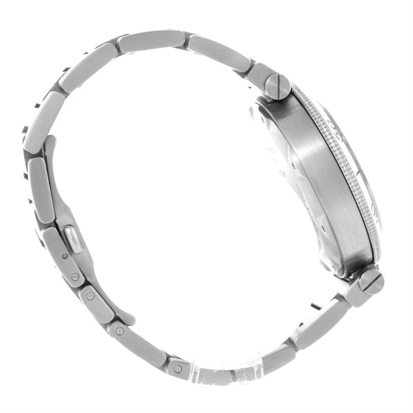 This image shows a side view of the Cartier Pasha W31077M7 Men's Stainless Steel Black Dial W31077M7 Men's Stainless Steel Black Dial watch, highlighting its stainless steel bracelet and case.