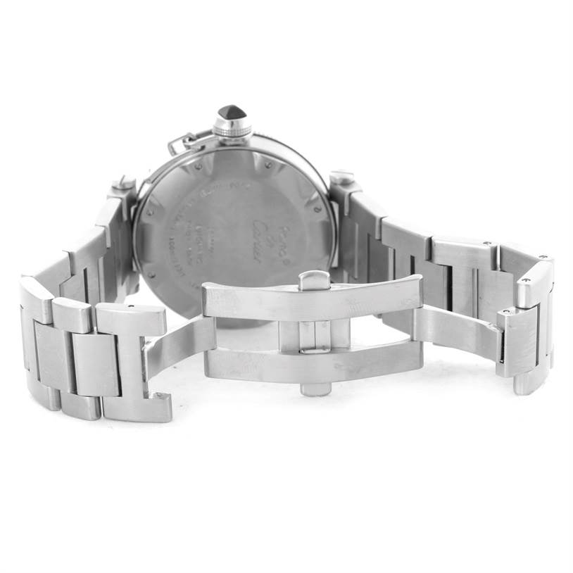 This image shows the back view and the open clasp of a Cartier Pasha W31077M7 Men's Stainless Steel Black Dial W31077M7 Men's Stainless Steel Black Dial model watch.