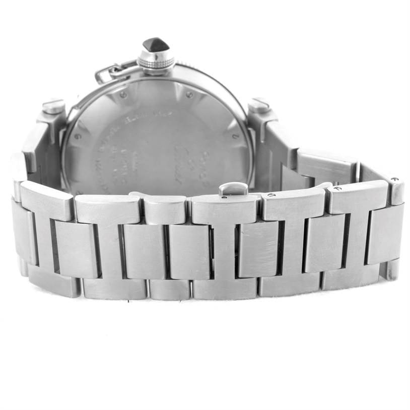 This image shows the back case and stainless steel bracelet of a Cartier Pasha W31077M7 Men's Stainless Steel Black Dial W31077M7 Men's Stainless Steel Black Dial watch from a slightly elevated rear angle.