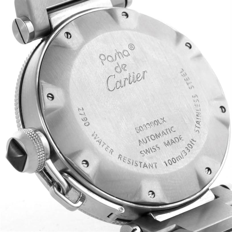 The image shows the back of a Cartier Pasha W31077M7 Men's Stainless Steel Black Dial W31077M7 Men's Stainless Steel Black Dial watch, highlighting its stainless steel case and water resistance details.