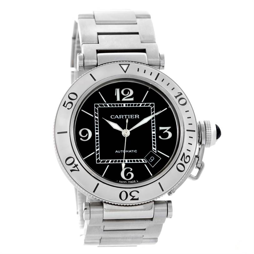 This image displays the Cartier Pasha W31077M7 Men's Stainless Steel Black Dial W31077M7 Men's Stainless Steel Black Dial watch from a front angle, showcasing the bezel, dial, hands, and bracelet.