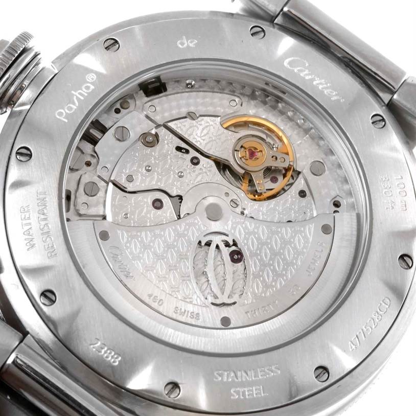 The image shows the back of a Cartier Pasha W31037H3 Men's Stainless Steel Silver Dial W31037H3 Men's Stainless Steel Silver Dial watch, highlighting its automatic movement and the stainless steel case.