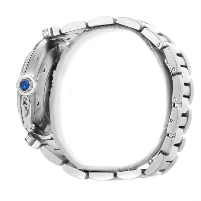 This image shows the side view of a Cartier Pasha W31037H3 Men's Stainless Steel Silver Dial W31037H3 Men's Stainless Steel Silver Dial watch, highlighting its band and crown.