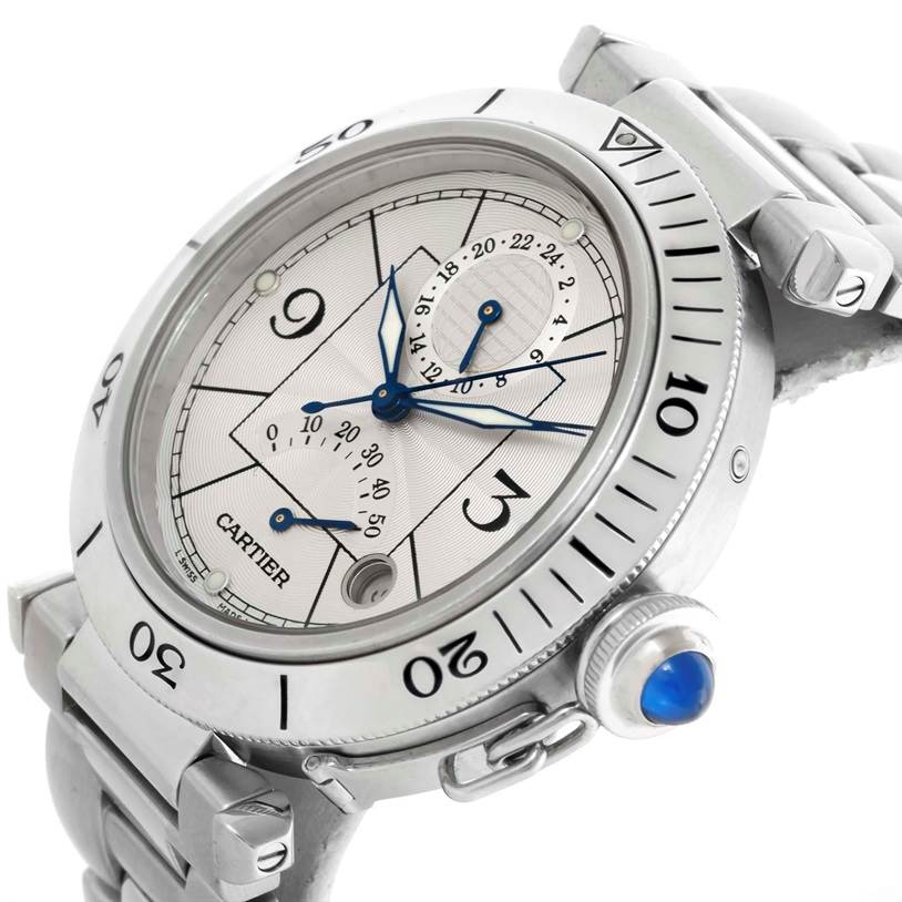 The Cartier Pasha W31037H3 Men's Stainless Steel Silver Dial W31037H3 Men's Stainless Steel Silver Dial watch is shown from an oblique angle, highlighting its bezel, crown, dial, and part of the strap.