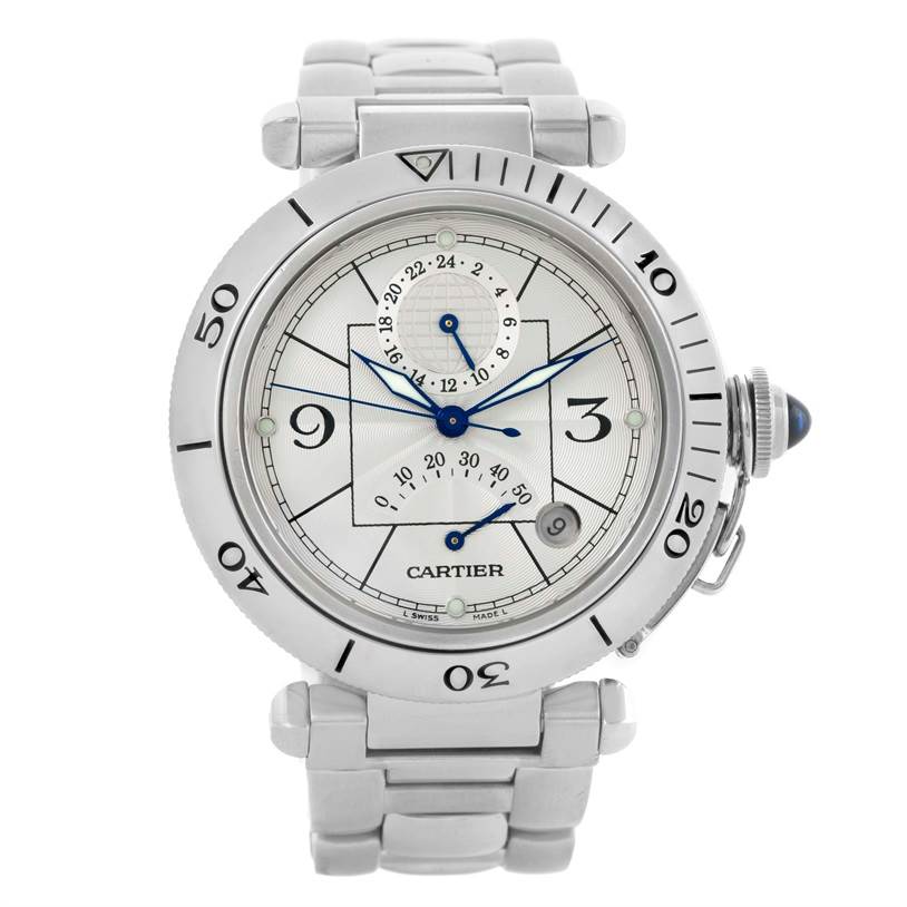 This image shows a frontal view of a Cartier Pasha W31037H3 Men's Stainless Steel Silver Dial W31037H3 Men's Stainless Steel Silver Dial watch displaying its face, bezel, and metal bracelet.