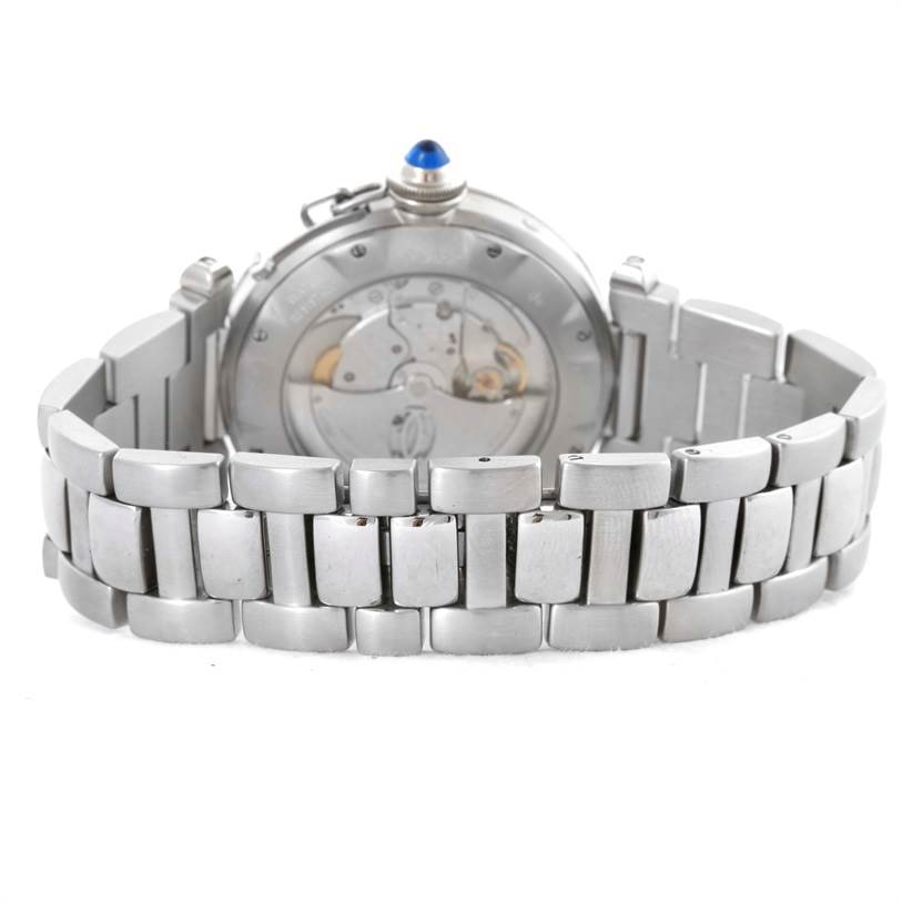 The image shows the back view of a Cartier Pasha W31037H3 Men's Stainless Steel Silver Dial W31037H3 Men's Stainless Steel Silver Dial watch, highlighting its metal bracelet and exposed movement.