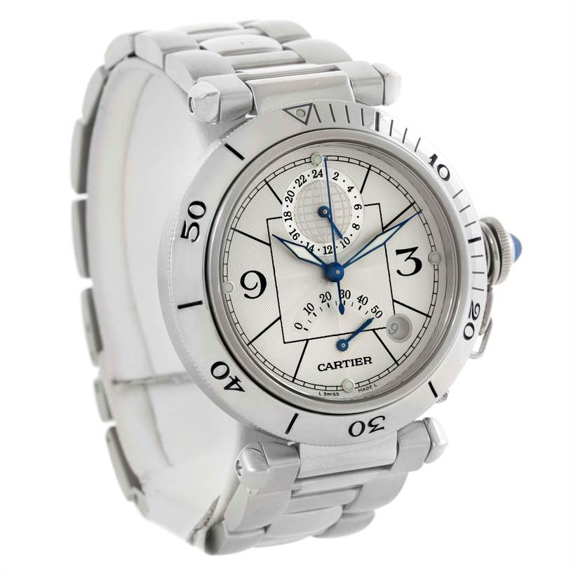 The Cartier Pasha W31037H3 Men's Stainless Steel Silver Dial W31037H3 Men's Stainless Steel Silver Dial watch is shown from a three-quarter angle, displaying its face, bezel, and part of the stainless steel bracelet.