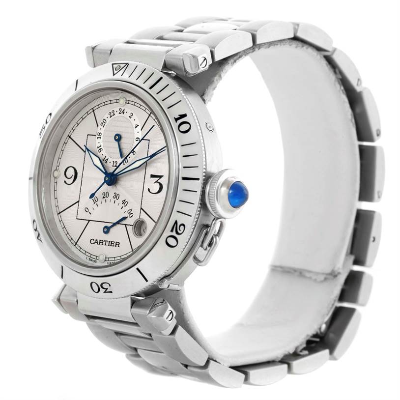 The image shows a Cartier Pasha W31037H3 Men's Stainless Steel Silver Dial W31037H3 Men's Stainless Steel Silver Dial watch at an angle highlighting its dial, bezel, and part of the bracelet.