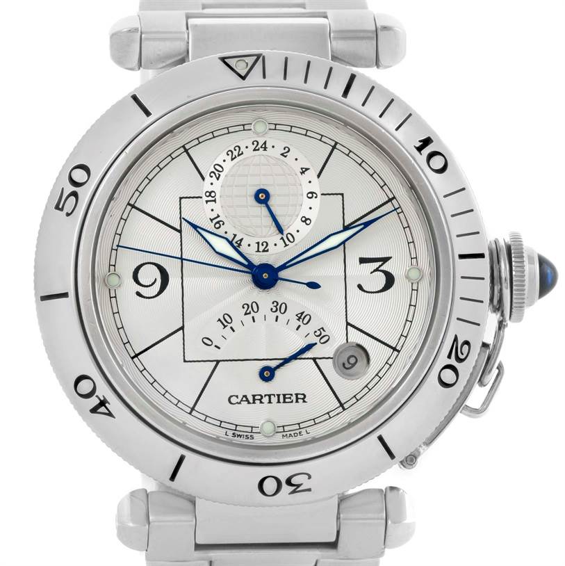 The image shows a close-up frontal view of a Pasha de Cartier watch face and bezel.