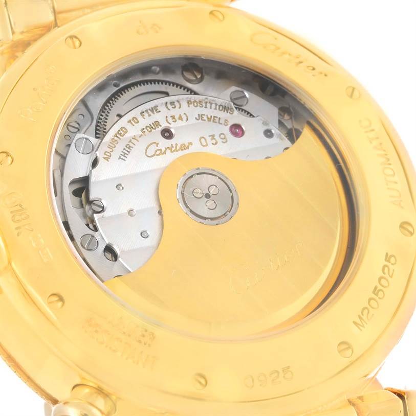 The image shows the back view of the Cartier Pasha M205025 Men's Yellow Gold Silver Dial M205025 Men's Yellow Gold Silver Dial model, focusing on its automatic movement mechanism.