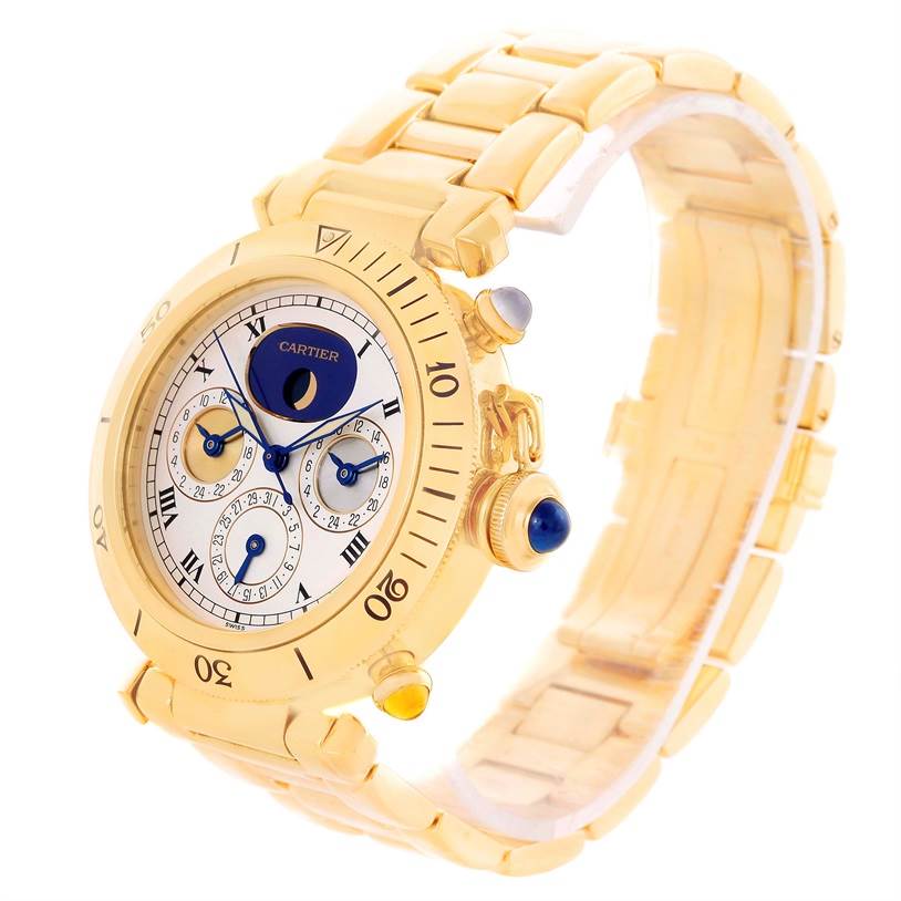 The Cartier Pasha M205025 Men's Yellow Gold Silver Dial M205025 Men's Yellow Gold Silver Dial watch is shown at an angle displaying its gold link bracelet, face, and side pushers.