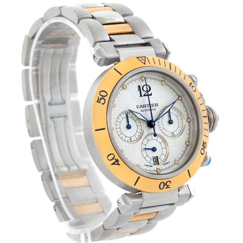 The Cartier Pasha W31036T6 Stainless Steel Silver Dial W31036T6 Stainless Steel Silver Dial watch is shown at an angled view, displaying the bracelet, bezel, and watch face with subdials.