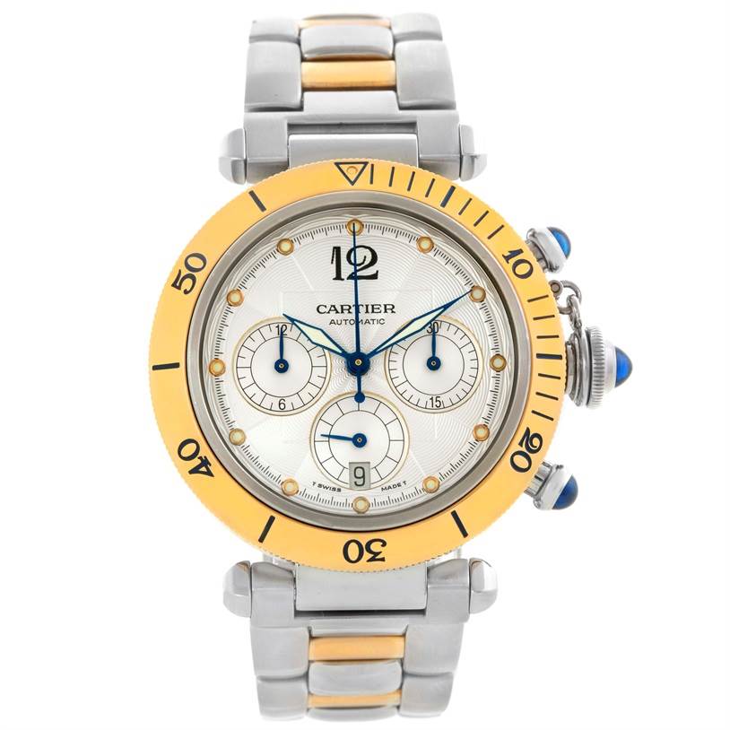 This image shows a frontal view of a Cartier Pasha W31036T6 Stainless Steel Silver Dial W31036T6 Stainless Steel Silver Dial watch with a metal two-tone bracelet and yellow bezel.