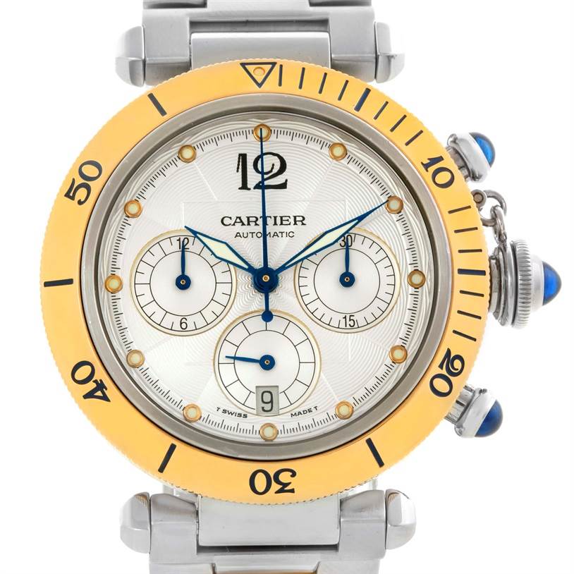 This image shows a front view of the Cartier Pasha W31036T6 Stainless Steel Silver Dial W31036T6 Stainless Steel Silver Dial watch, displaying the dial, bezel, and part of the bracelet.