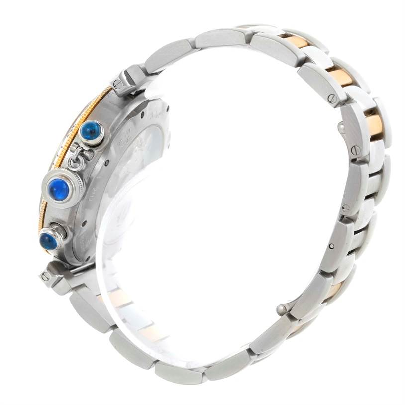 The image shows a side view of the Cartier Pasha W31036T6 Stainless Steel Silver Dial W31036T6 Stainless Steel Silver Dial watch, highlighting its crown, pushers, and metal bracelet.