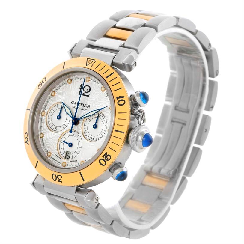 The image shows a Cartier Pasha W31036T6 Stainless Steel Silver Dial W31036T6 Stainless Steel Silver Dial watch at a three-quarter angle, highlighting its round face, bezel, crown, and bracelet.