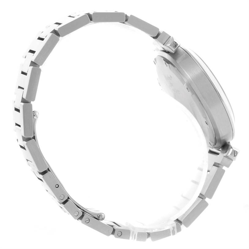 This side-angle image shows the bracelet and case back of the Cartier Pasha W31055M7 Men
s Stainless Steel White Dial W31055M7 Men
s Stainless Steel White Dial watch.