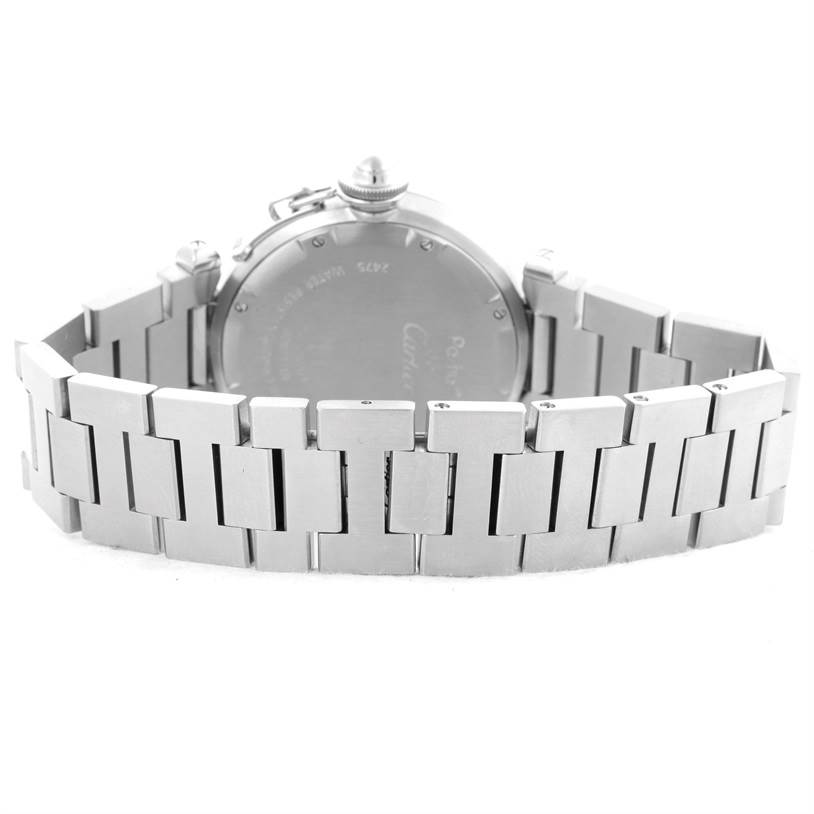 The image shows the back case and bracelet of a Cartier Pasha W31055M7 Men
s Stainless Steel White Dial W31055M7 Men
s Stainless Steel White Dial watch from a rear angle.