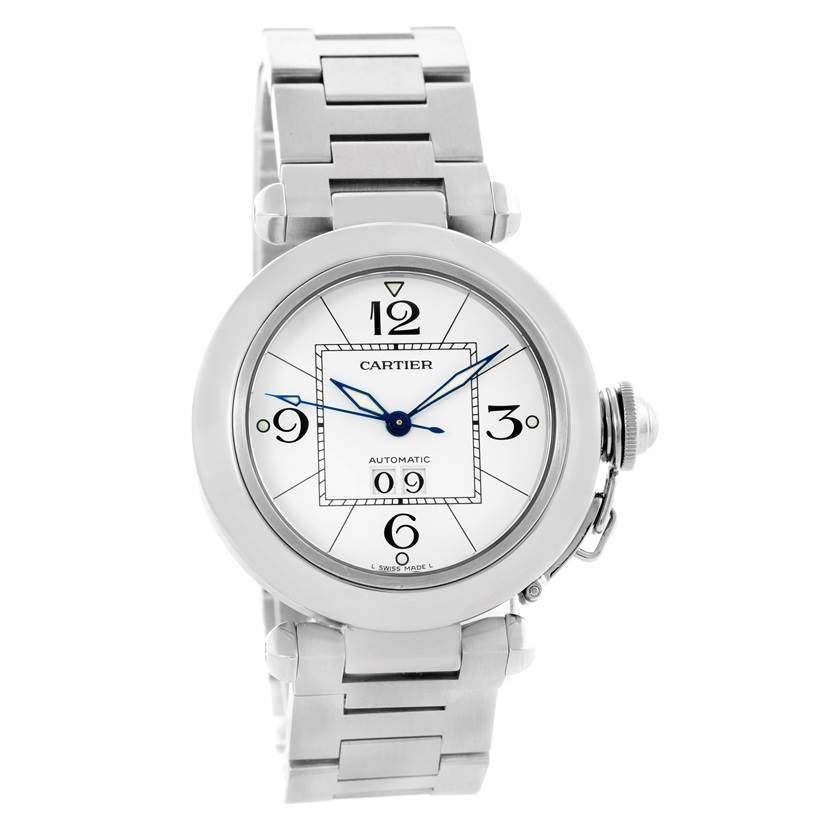The image shows a front view of a Cartier Pasha W31055M7 Men
s Stainless Steel White Dial W31055M7 Men
s Stainless Steel White Dial watch, highlighting its dial, hands, and metal bracelet.