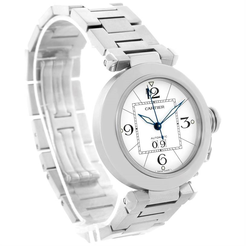 The Cartier Pasha W31055M7 Men
s Stainless Steel White Dial W31055M7 Men
s Stainless Steel White Dial watch is shown from a front-left angle, focusing on the face and bracelet.