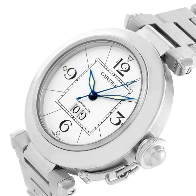 The image shows a Cartier Pasha W31055M7 Men
s Stainless Steel White Dial W31055M7 Men
s Stainless Steel White Dial watch at a slight angle, highlighting the dial, hands, and part of the bracelet.