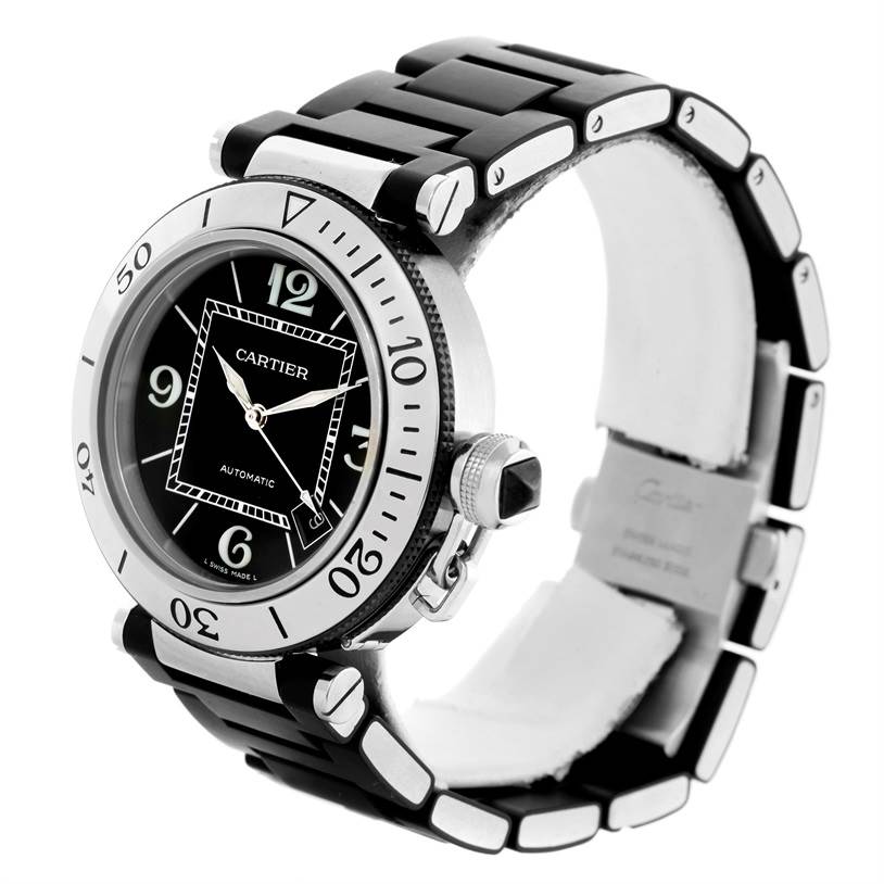 The image shows a Cartier Pasha W31077U2 Men's Stainless Steel Black Dial W31077U2 Men's Stainless Steel Black Dial model watch at a three-quarter angle, displaying the bezel, dial, crown, and bracelet.