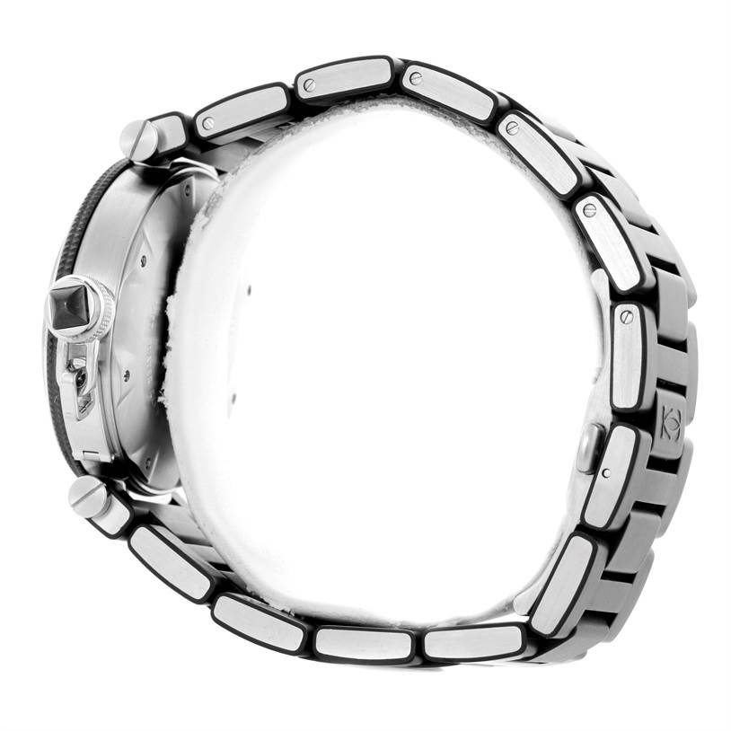 The image shows a side view of the Cartier Pasha W31077U2 Men's Stainless Steel Black Dial W31077U2 Men's Stainless Steel Black Dial watch, highlighting its metal bracelet and case, including the crown.