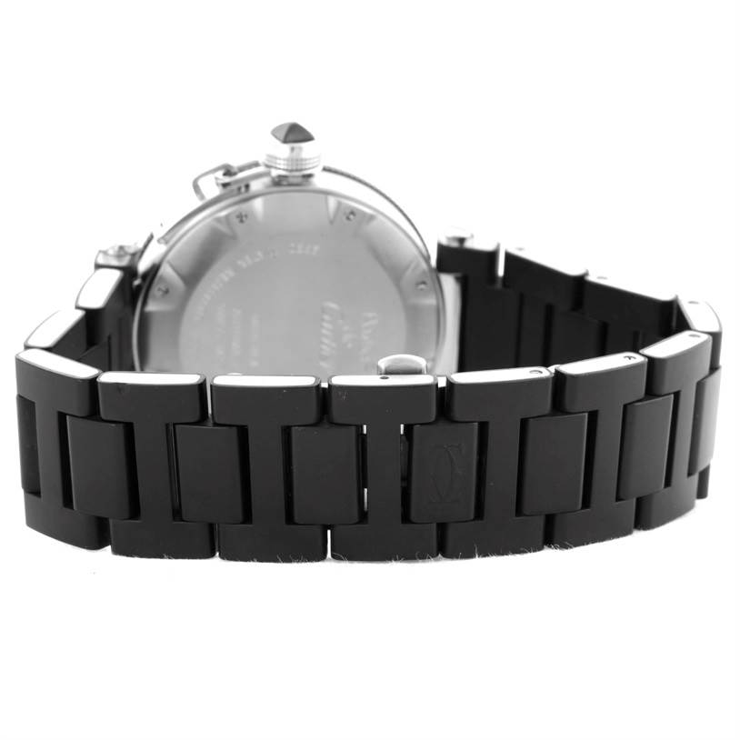 The image shows the back and bracelet of a Cartier Pasha W31077U2 Men's Stainless Steel Black Dial W31077U2 Men's Stainless Steel Black Dial watch, focusing on the clasp and links.
