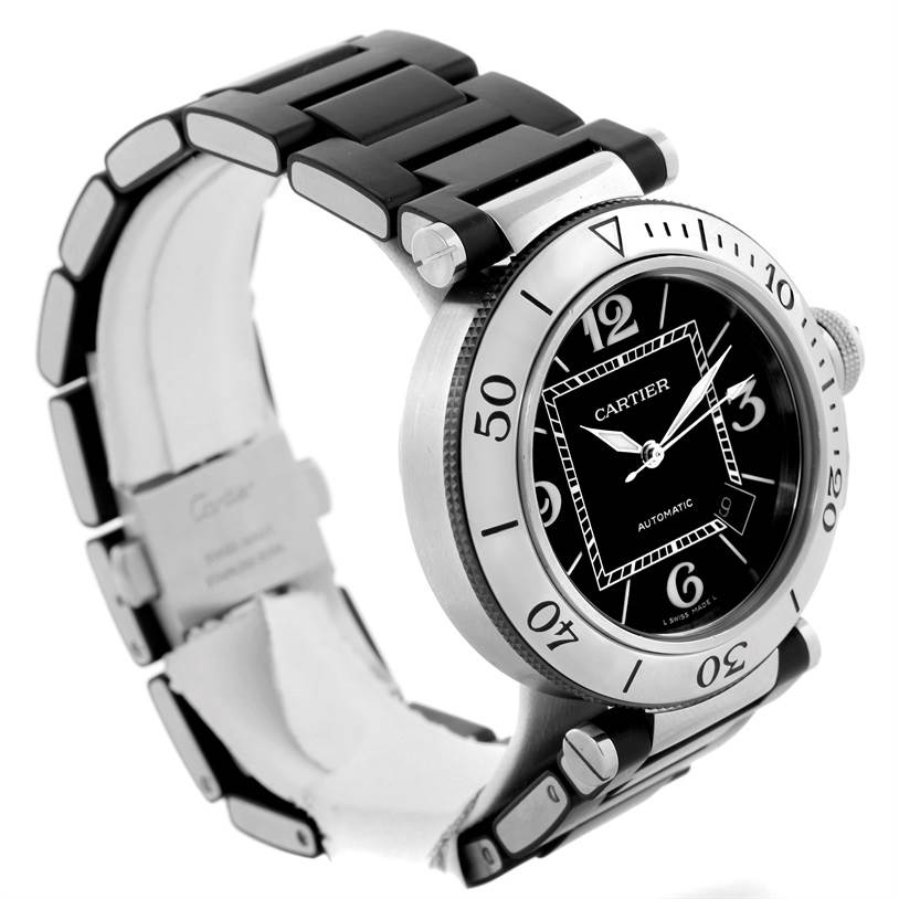 The image shows a Cartier Pasha W31077U2 Men's Stainless Steel Black Dial W31077U2 Men's Stainless Steel Black Dial watch angled to display its dial, bezel, and part of the bracelet.
