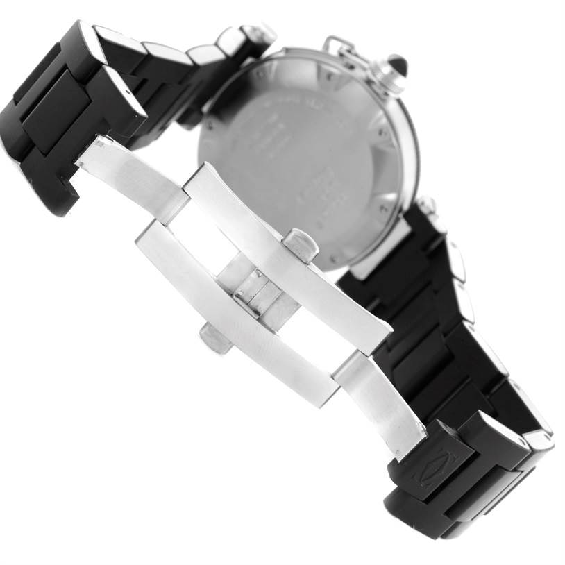This image shows the open clasp and back case of a Cartier Pasha W31077U2 Men's Stainless Steel Black Dial W31077U2 Men's Stainless Steel Black Dial watch.