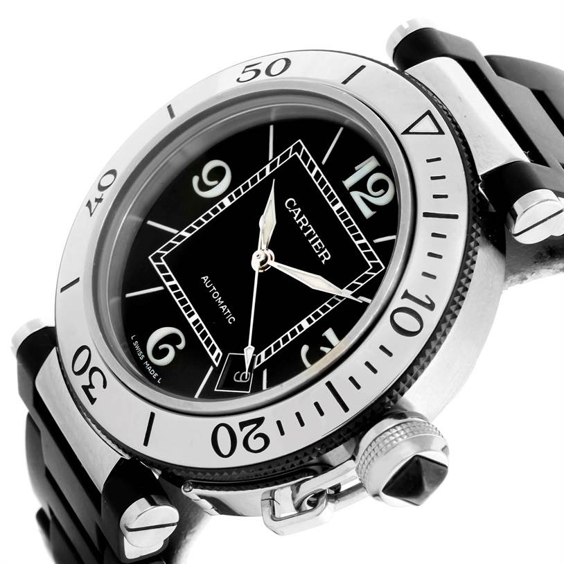 The image shows a Cartier Pasha W31077U2 Men's Stainless Steel Black Dial W31077U2 Men's Stainless Steel Black Dial watch at a slight angle, highlighting the bezel, black dial, and strap.