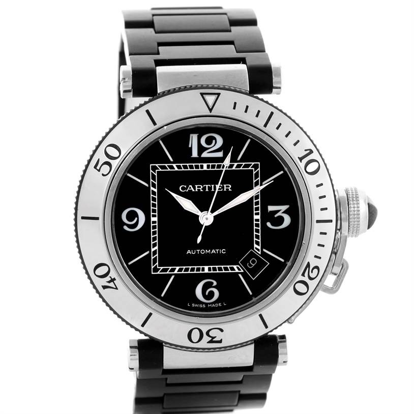 The image shows a front view of a Cartier Pasha W31077U2 Men's Stainless Steel Black Dial W31077U2 Men's Stainless Steel Black Dial watch, displaying the face and part of the metal bracelet.