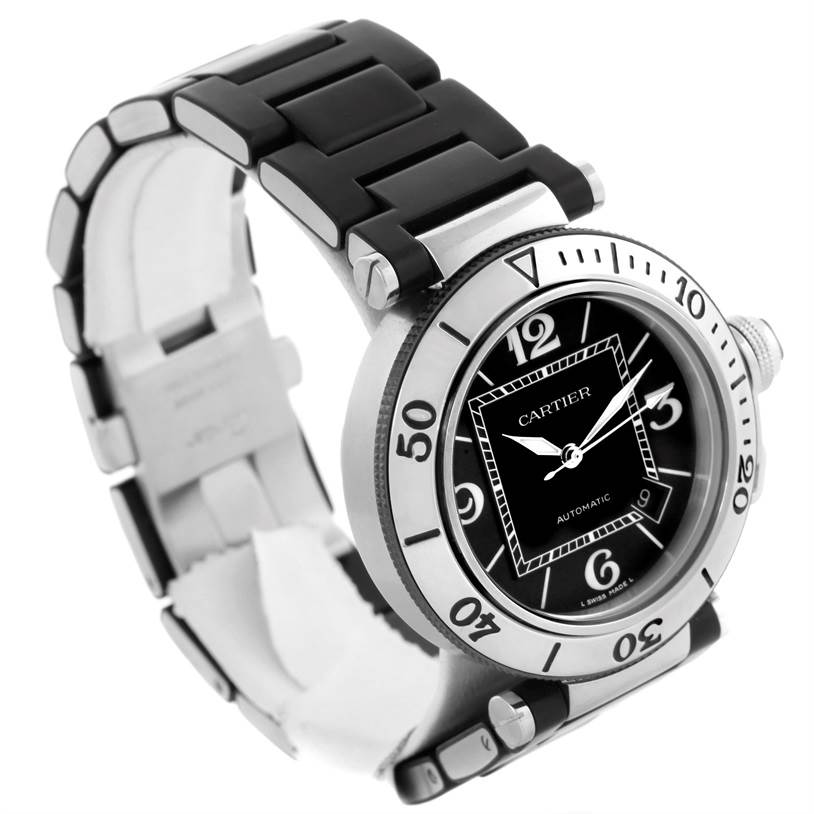 This image shows a Cartier Pasha W31077U2 Men
s Stainless Steel Black Dial W31077U2 Men
s Stainless Steel Black Dial model watch angled to display the face, bezel, and part of the band.