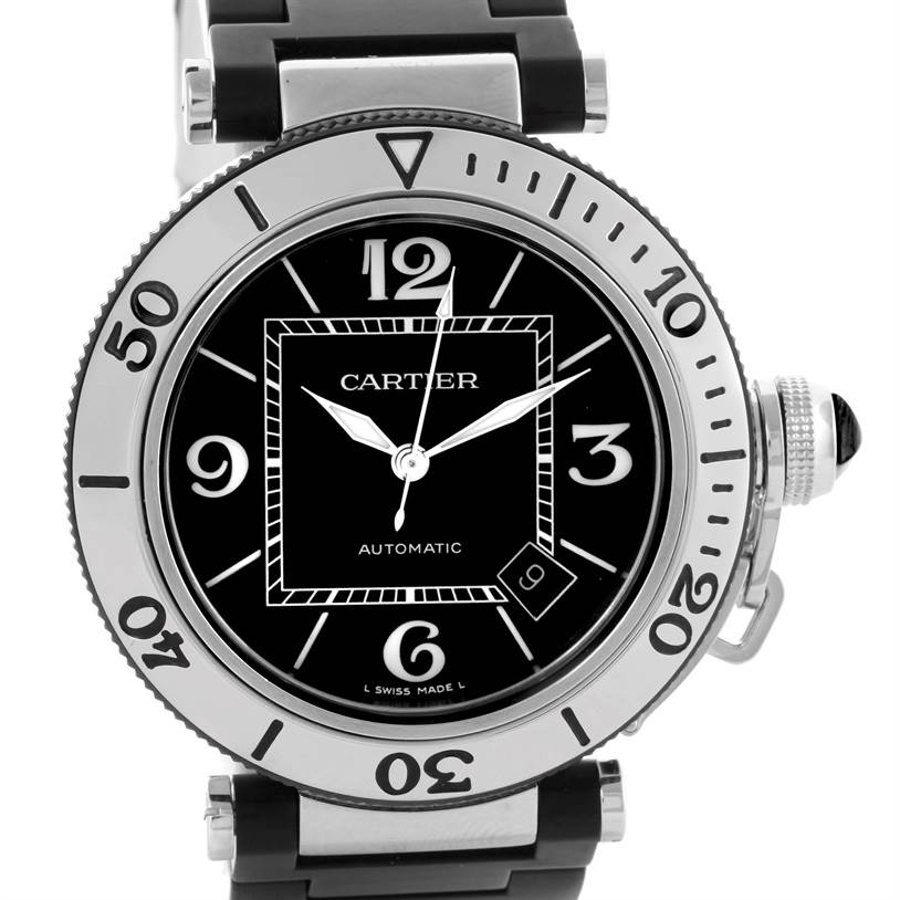 The Cartier Pasha W31077U2 Men
s Stainless Steel Black Dial W31077U2 Men
s Stainless Steel Black Dial watch is shown from a front angle, displaying its black dial, numerals, date window, bezel, and bracelet.