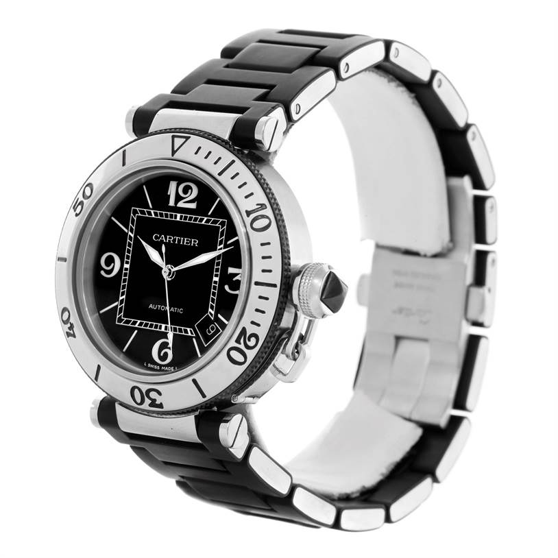 The image shows a Cartier Pasha W31077U2 Men
s Stainless Steel Black Dial W31077U2 Men
s Stainless Steel Black Dial watch at a slight angle, highlighting its face, bezel, and part of the bracelet.