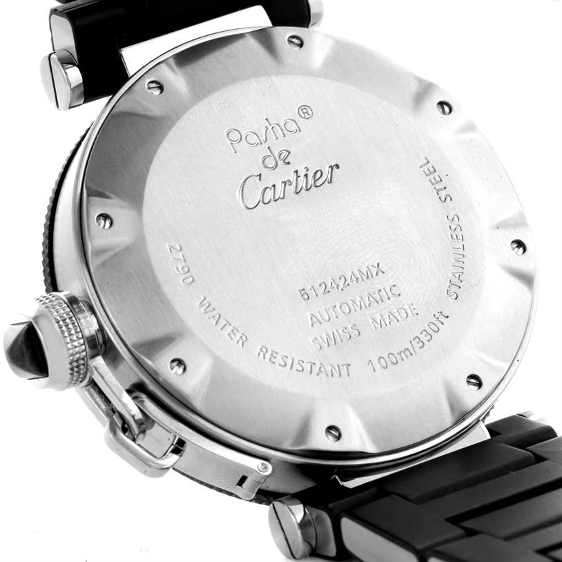 The image shows the back case, crown, and a portion of the strap of a Cartier Pasha W31077U2 Men
s Stainless Steel Black Dial W31077U2 Men
s Stainless Steel Black Dial model watch.