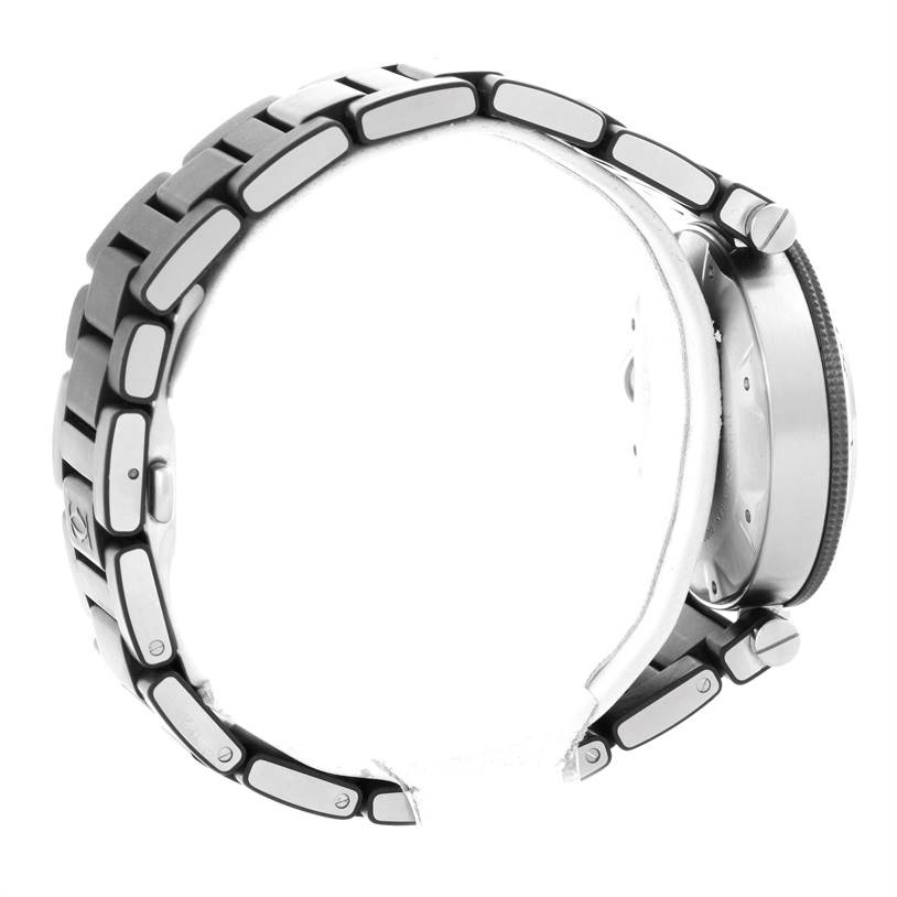 The image shows the side view of a Cartier Pasha W31077U2 Men
s Stainless Steel Black Dial W31077U2 Men
s Stainless Steel Black Dial watch, highlighting its bracelet links and case side.