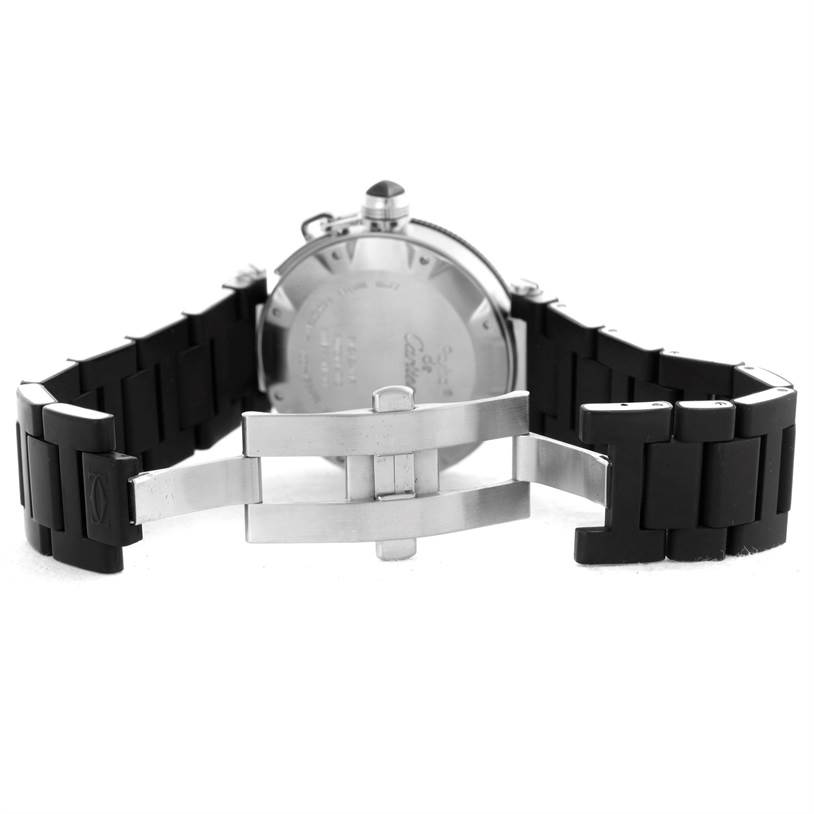 The image shows the back view of a Cartier Pasha W31077U2 Men
s Stainless Steel Black Dial W31077U2 Men
s Stainless Steel Black Dial watch, highlighting the case back and black bracelet with a fold-over clasp.