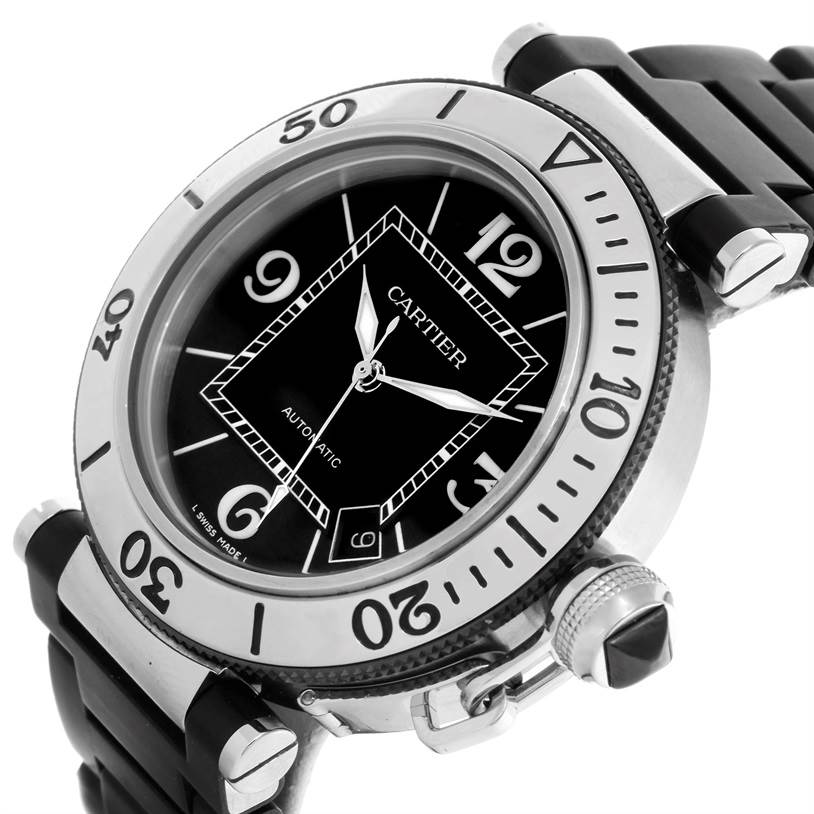 The image shows a close-up, angled view of the Cartier Pasha W31077U2 Men
s Stainless Steel Black Dial W31077U2 Men
s Stainless Steel Black Dial watch, highlighting its dial, bezel, and black rubber strap.