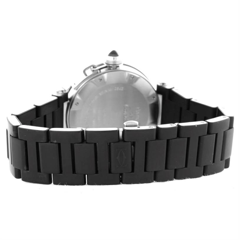 This image shows the back case and bracelet of a Cartier Pasha W31077U2 Men
s Stainless Steel Black Dial W31077U2 Men
s Stainless Steel Black Dial watch from a rear angle.