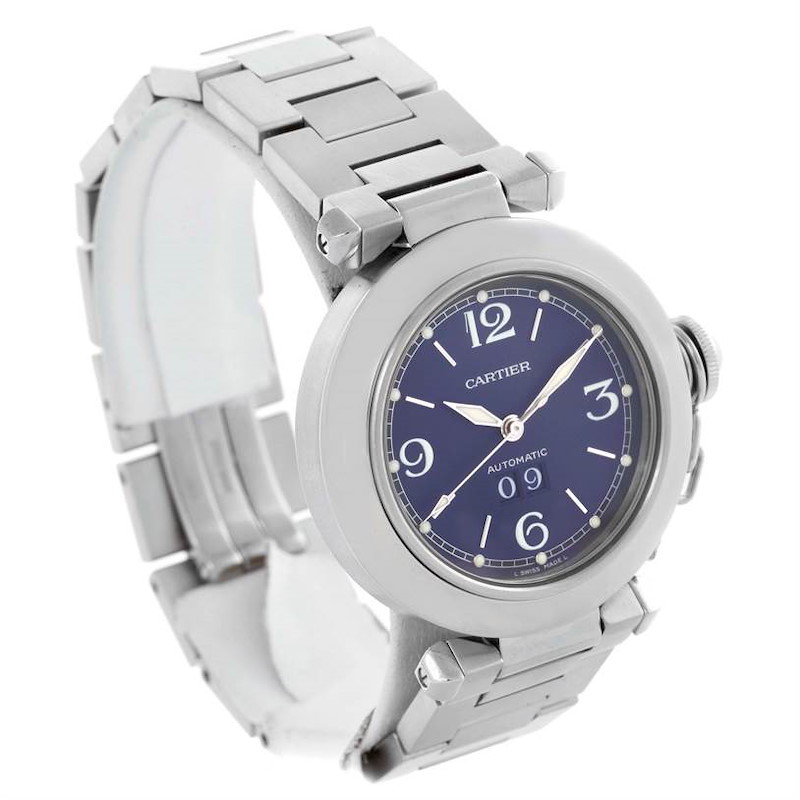 Cartier Pasha C Midsize Steel Blue Dial Watch Big Date W31047M7 SwissWatchExpo
